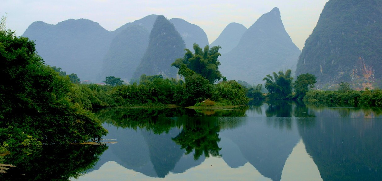 Li River Guilin with karst mountains and bamboo rafts in Guangxi China